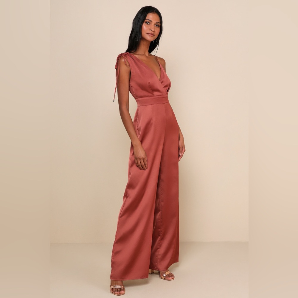 Lulu’s Look of Luxe Rusty Rose Satin Asymmetrical Wide-Leg Jumpsuit - Si… - Picture 3 of 10